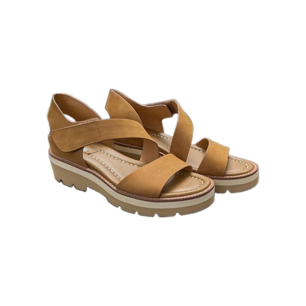 Sofft Pru Sport Sandals 9.5 Tan Leather Wedge Platform Open Toe Boho Strappy Mod